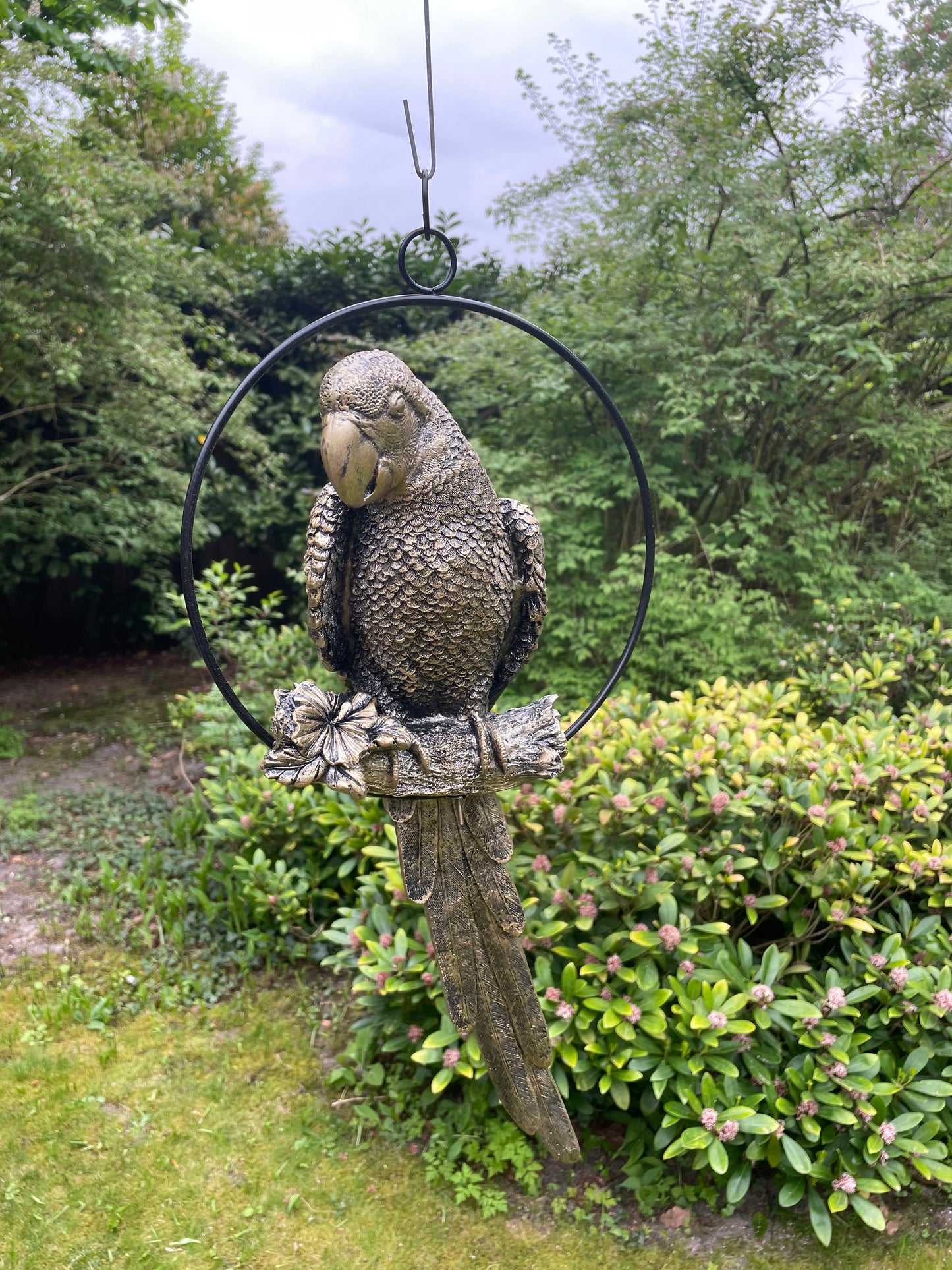 Beeld papegaai Antiek Goud, zwembad, vijver, tuin, balkon 50cm
