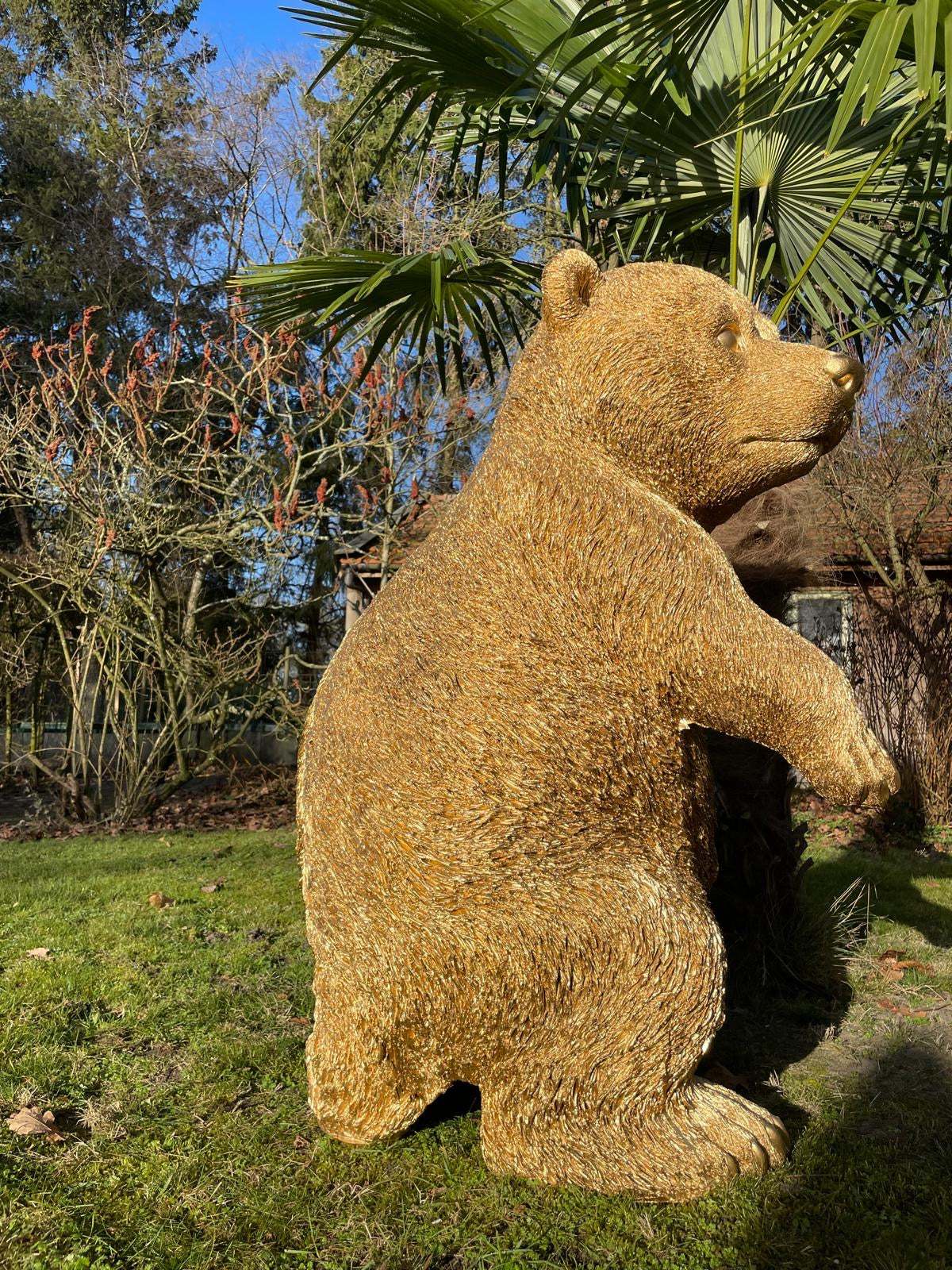 (Tuin)beeld Gouden beer, woonkamer, baby, zwanger 105 cm