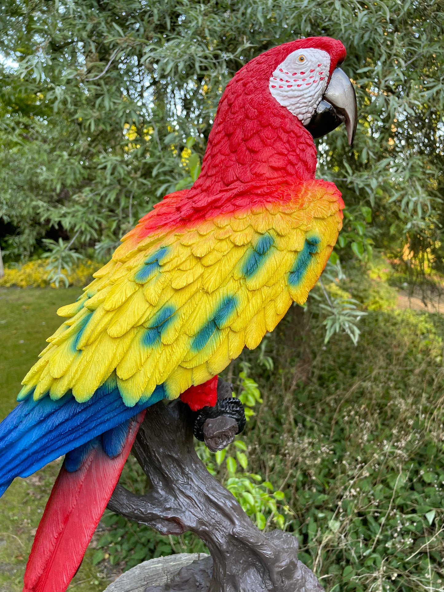 Beeld papegaai Rood boomstronk tuin, vijver, balkon 65cm