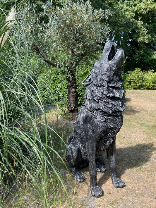 Tuinbeeld Wolf zilver Dierenbeeld, 120 cm