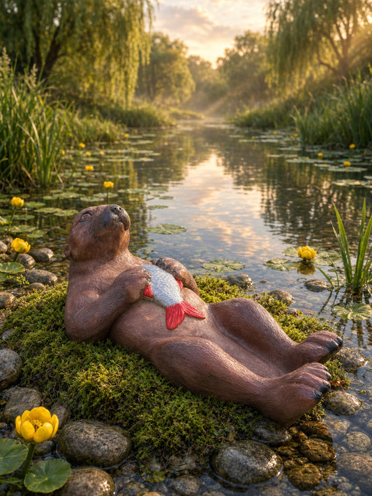 Otter liggend met vis, vijver, tuin75cm