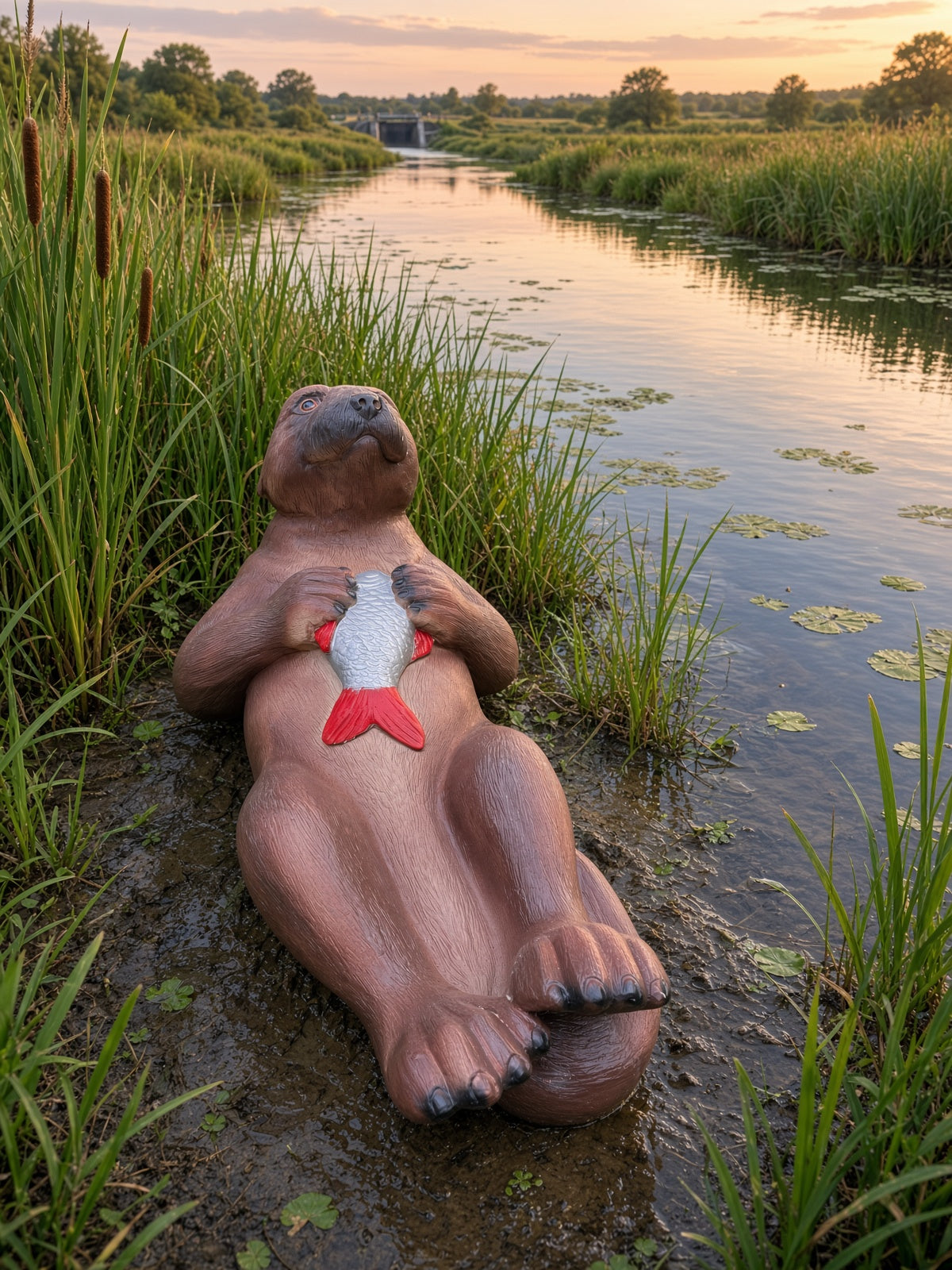 Otter liggend met vis, vijver, tuin75cm