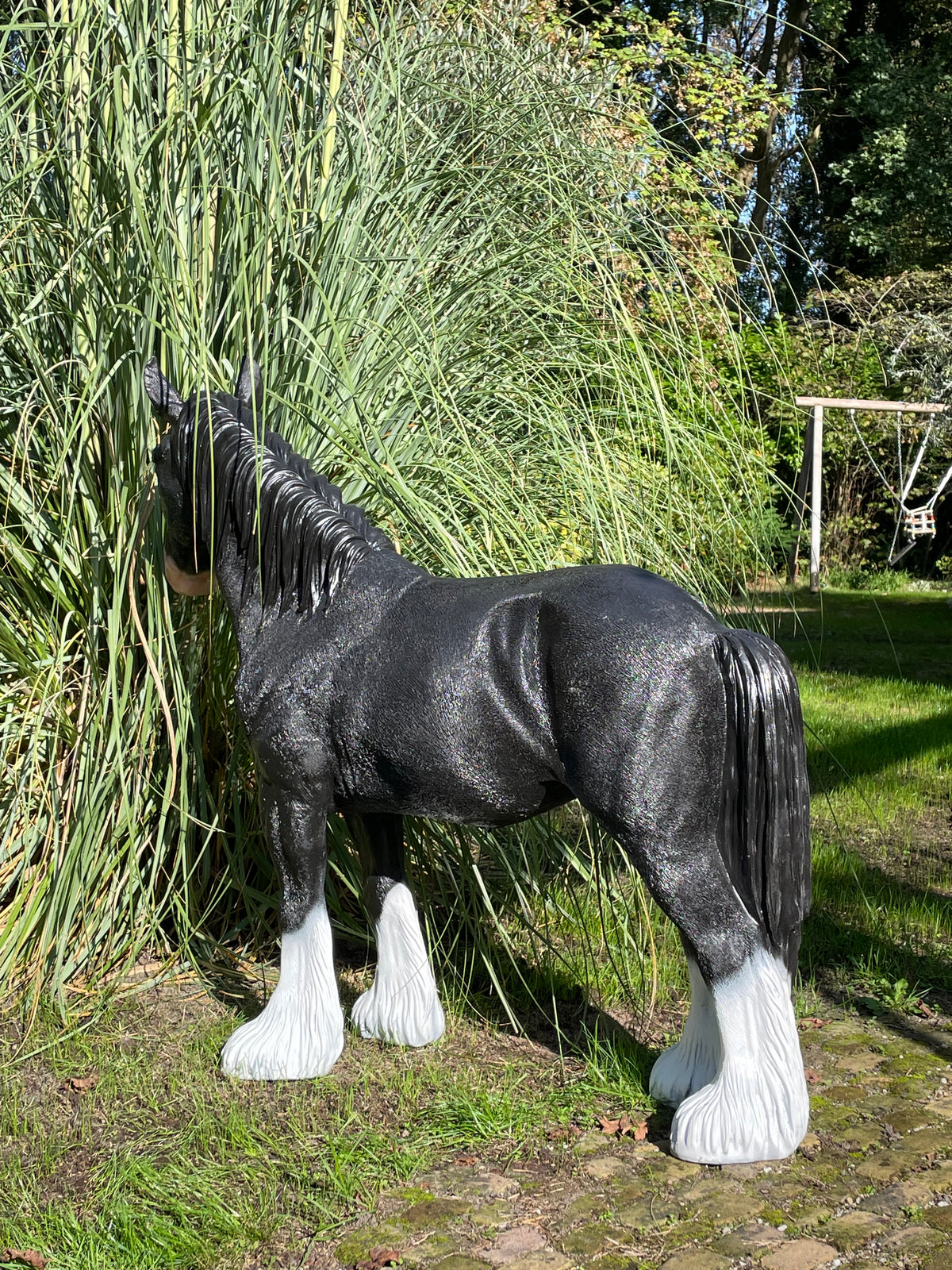 (tuin)beeld trekpaard zwart tuin, paard, boerderij 110cm