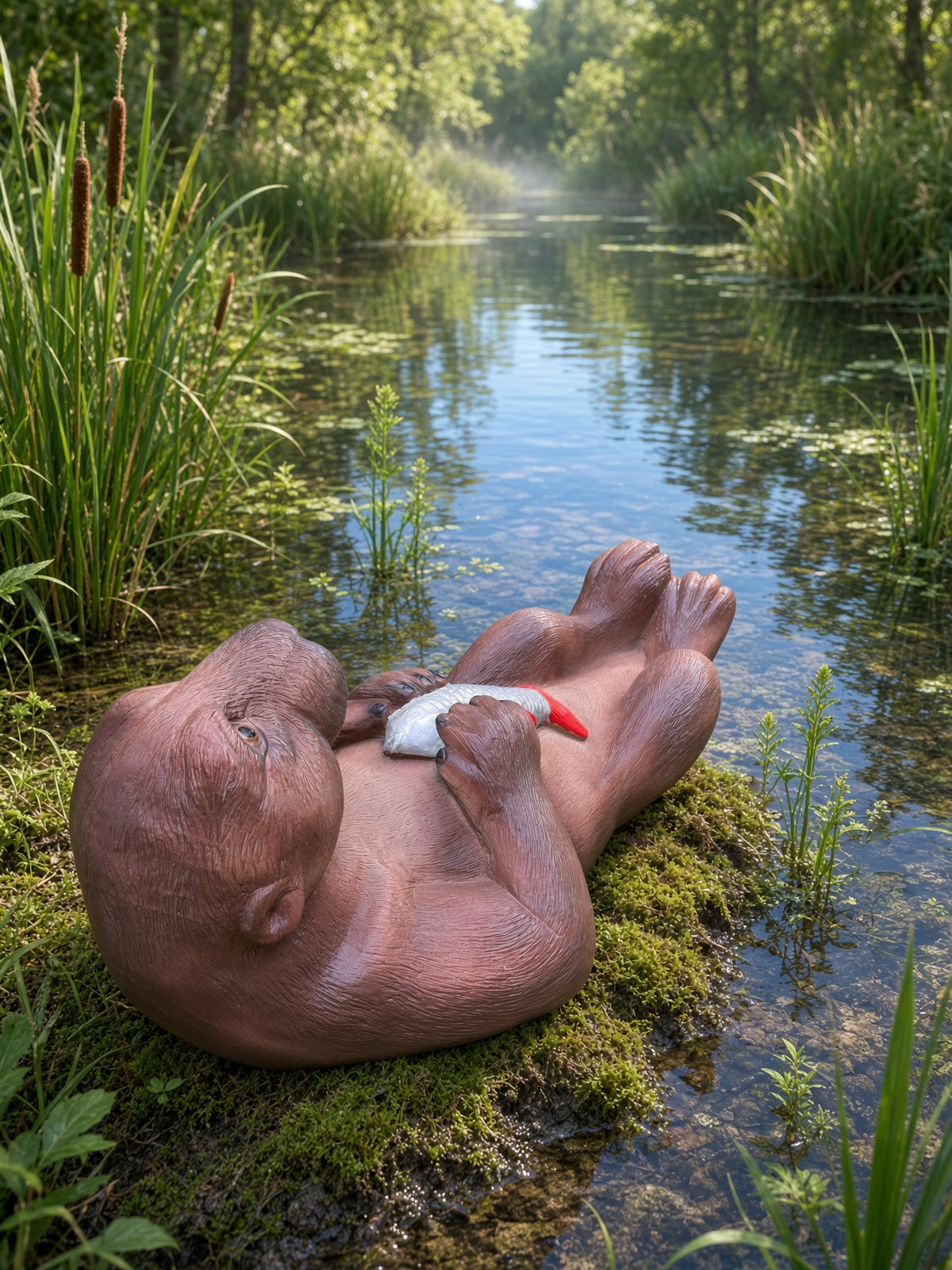 Otter liggend met vis, vijver, tuin75cm