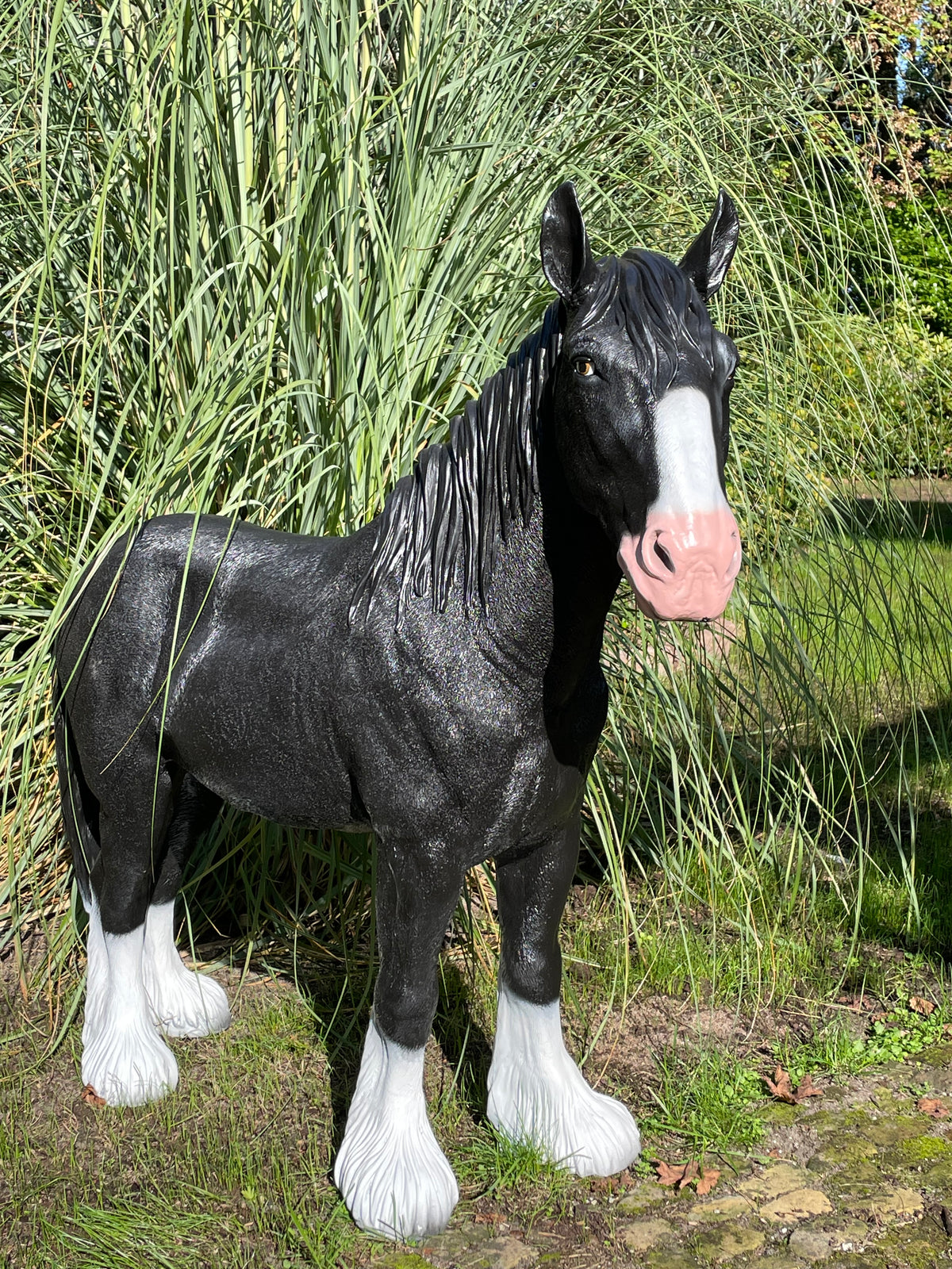 (tuin)beeld trekpaard zwart tuin, paard, boerderij 110cm