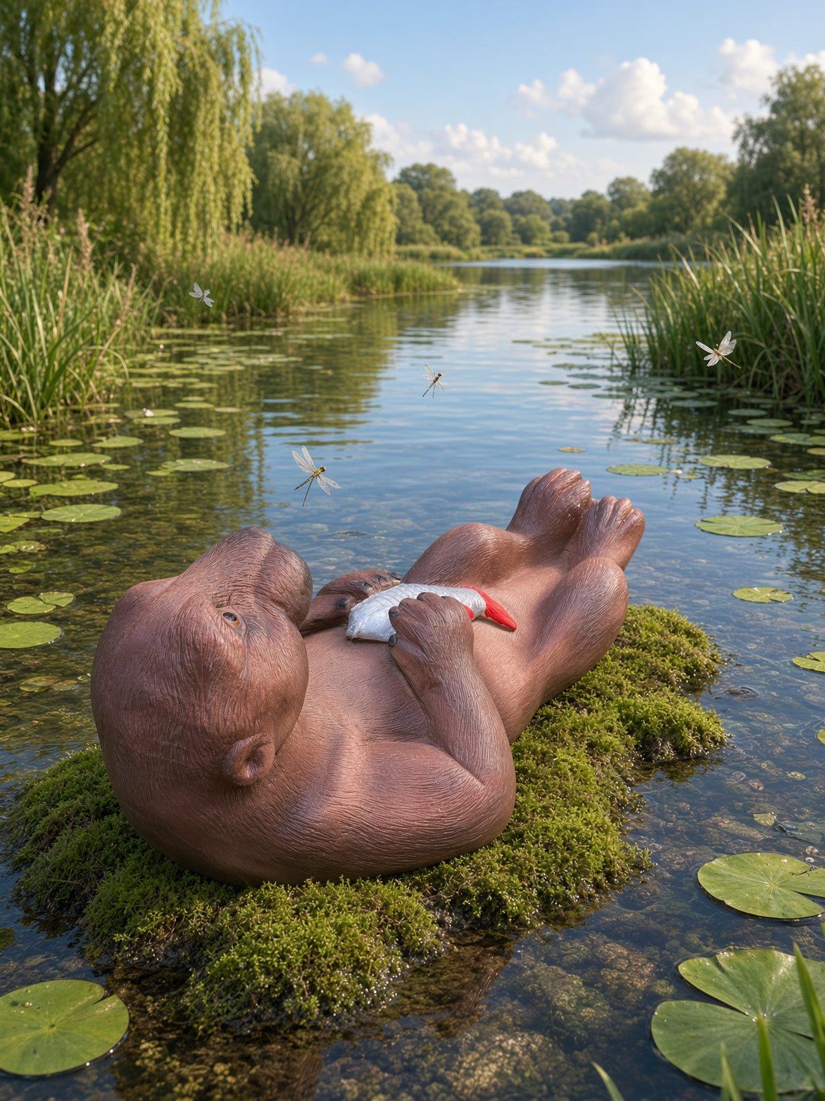 Otter liggend met vis, vijver, tuin75cm