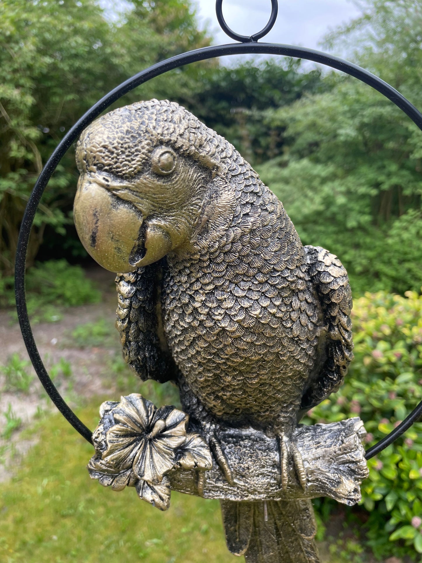 Beeld papegaai Antiek Goud, zwembad, vijver, tuin, balkon 50cm