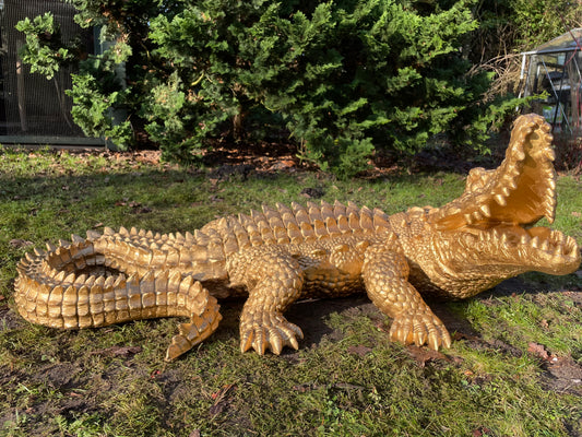 Beeld krokodil, goud, zwembad, vijver, boerderij 125cm