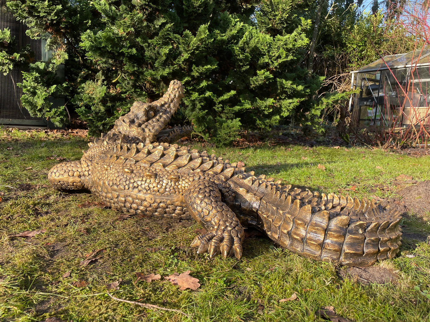 Beeld krokodil, antiek goud, zwembad, vijver, boerderij 125cm