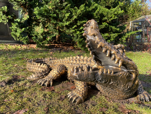 Beeld krokodil, antiek goud, zwembad, vijver, boerderij 125cm